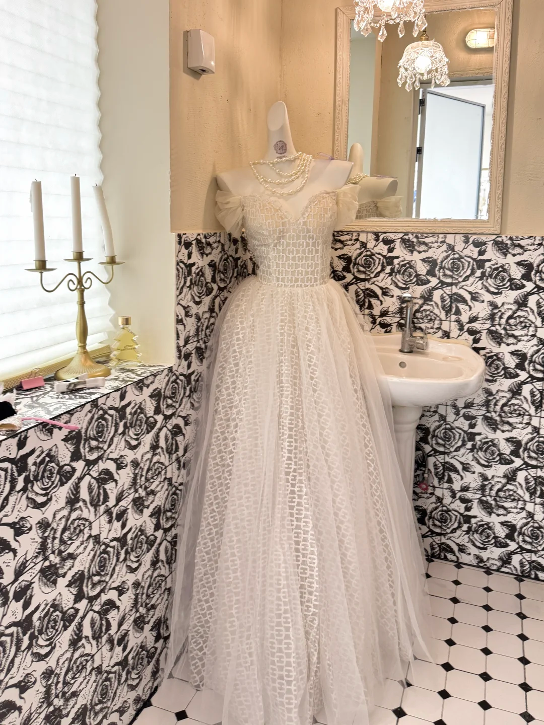 Ivory Off-the-Shoulder Check Pattern Designed Waist-Cinched A-Line Elegant Romantic Dress, Wedding Gown gh7723