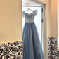 Light Gray Blue Off-Shoulder Waist-Cinched Full Flared Long Romantic Dress, Wedding Gown gh7505