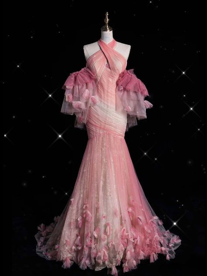 ✨Girlhomeshops-Pink 3D Floral Ombre Mermaid Prom Dress With Detachable Sleeves gh10180