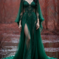 girlhomeshops-Langarm Tüll Bodenlang Schleppe Retro Elegant Ballkleid Abendkleid gh5943