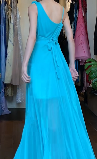Turquoise Vintage Prom Dress One Shoulder 3D Flower Ruffle Pleated Chiffon Long Evening Gown gh9606
