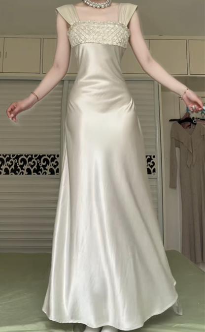 Champagne Wide‑Strap Long Evening Gown, Diamond Pattern Beaded Bodice Satin Mermaid Formal Prom Dress gh9027