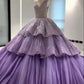 Lila, wunderschön glänzend, elegant, A-Linie, lang, gestuftes Tüll-Ballkleid mit Rüschen, formelles Kleid, Abendkleid, Promi-Kleid, gh3145