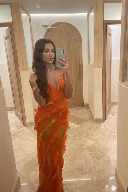 Robe de soirée élégante à bretelles spaghetti et à volants en mousseline de soie, robe de soirée, robe d'invité de mariage, orange, gh3318