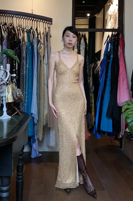 Gold Spaghetti Strap Long Formal Gown Allover Beaded High Slit Evening Dress gh9647