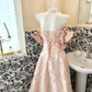 Light Pink Off-the-Shoulder Cinched Waist Figure-Flattering Printed Long Romantic Dress, Wedding Gown gh7810