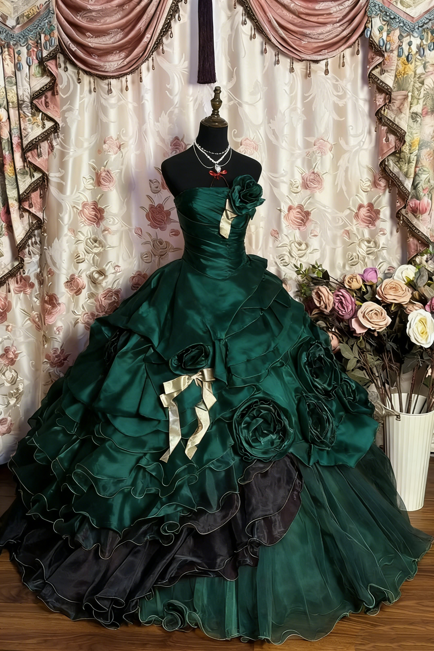 Red Vintage Floral Beaded Long Tulle Ball Gown gh4950