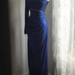 Royal Blue One‑Shoulder Long Sleeve Evening Gown, Mesh Cutout Waist Draped Ruched High Slit Metallic Formal Party Dress gh9112