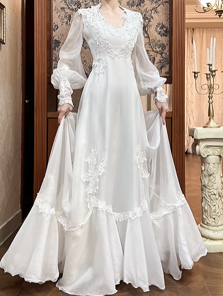 White Vintage Edwardian Wedding Gown, V‑Neck Lace Trim Stand Collar, Lantern Puff Long Sleeves, High Waist With Floral Lace Appliqués, Flowy Chiffon Flared Long Skirt, Prom Dress gh8660