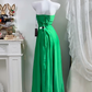 Bright Green Satin Long Evening Gown, Strapless Ruched Bodice With Beading Slit Formal Prom Dress gh9277