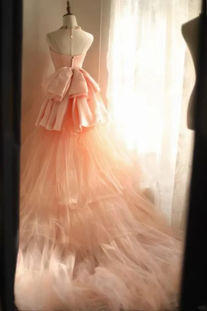 Peach Pink Strapless Ball Gown, Sweetheart Neckline 3D Floral Appliqué High Waist Back Big Bow Flowy Tulle A‑Line Long Formal Dress gh9109