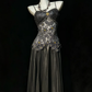 ✨Girlhomeshops-Black Spaghetti Strap Rhinestone Beaded Lace Tulle Evening Gown gh10157