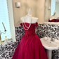 Red Off-the-Shoulder Rhinestone Cinched Waist Voluminous Skirt Long Romantic Dress, Wedding Gown gh7808