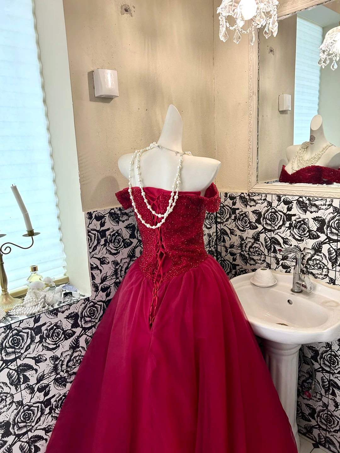 Red Off-the-Shoulder Rhinestone Cinched Waist Voluminous Skirt Long Romantic Dress, Wedding Gown gh7808