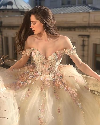Champagnerfarbenes, wunderschönes, schulterfreies, exquisites Spitzen-Blumenapplikations-Langballkleid mit formeller Abendgarderobe, Ballkleid gh3452