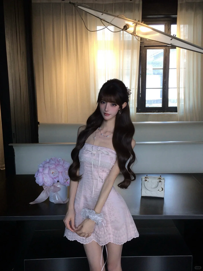 Light Pink Strapless Lace Homecoming Dress Mini Prom Gown gh9410