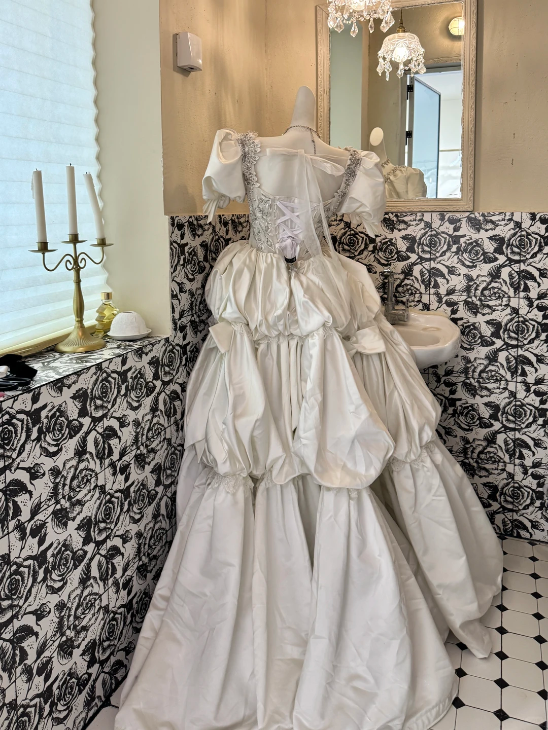 White Puff Sleeve Square Neck Waist-Cinched Puffy Skirt Vintage Romantic Dress, Wedding Gown gh7541
