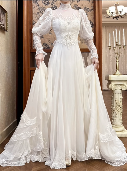 Ivory Vintage Tulle Wedding Prom Dress, High Neck Illusion Sweetheart, Leg‑of‑Mutton Puff Lace Sleeves, Lace Appliqués, Multi‑Tier Lace Long Train gh8683