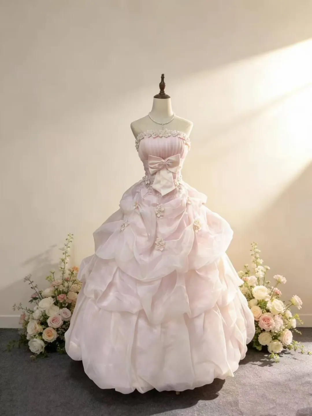 Pink Strapless Waist-Cinched Fluffy Princess Skirt Evening Prom Dress, Fairy Dress, Romantic Gown gh7360