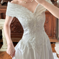 Ivory Vintage Satin Wedding Gown, V‑Neck Off‑The‑Shoulder Pleated Cape Sleeves, Heavy Lace Appliqué Fitted Bodice, A‑Line Long Train With Lace Hem, Prom Dress gh8634