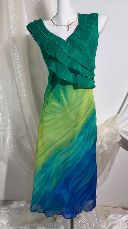 Vintage Oil Painting Print Prom Gown, Green V-Neck, Fitted Waist Slim Fit, Yellow to Blue Gradient, Evening Party Dress gh8563