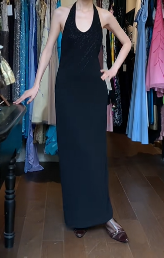 Black Vintage Prom Dress Halter U Neck Diagonal Hand Beaded Column Long Evening Gown gh9618
