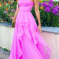 Light pink A-line off-shoulder long ruffled elegant tulle ball gown evening dress gh2684