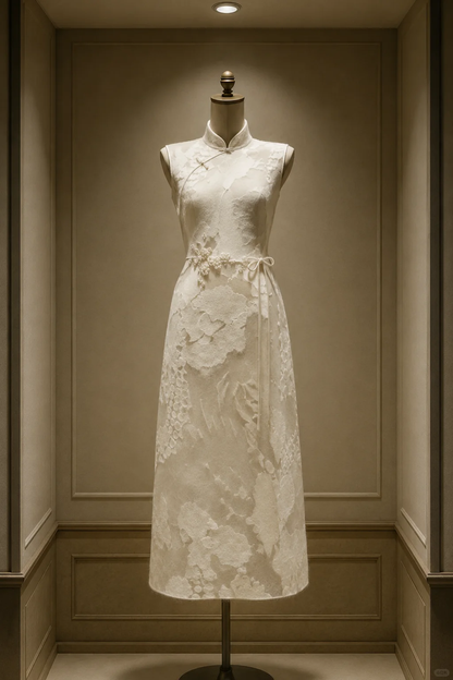 ✨Girlhomeshops-Cream White Jacquard Pearl Floral Bow Sleeveless Midi Qipao Cheongsam gh10413