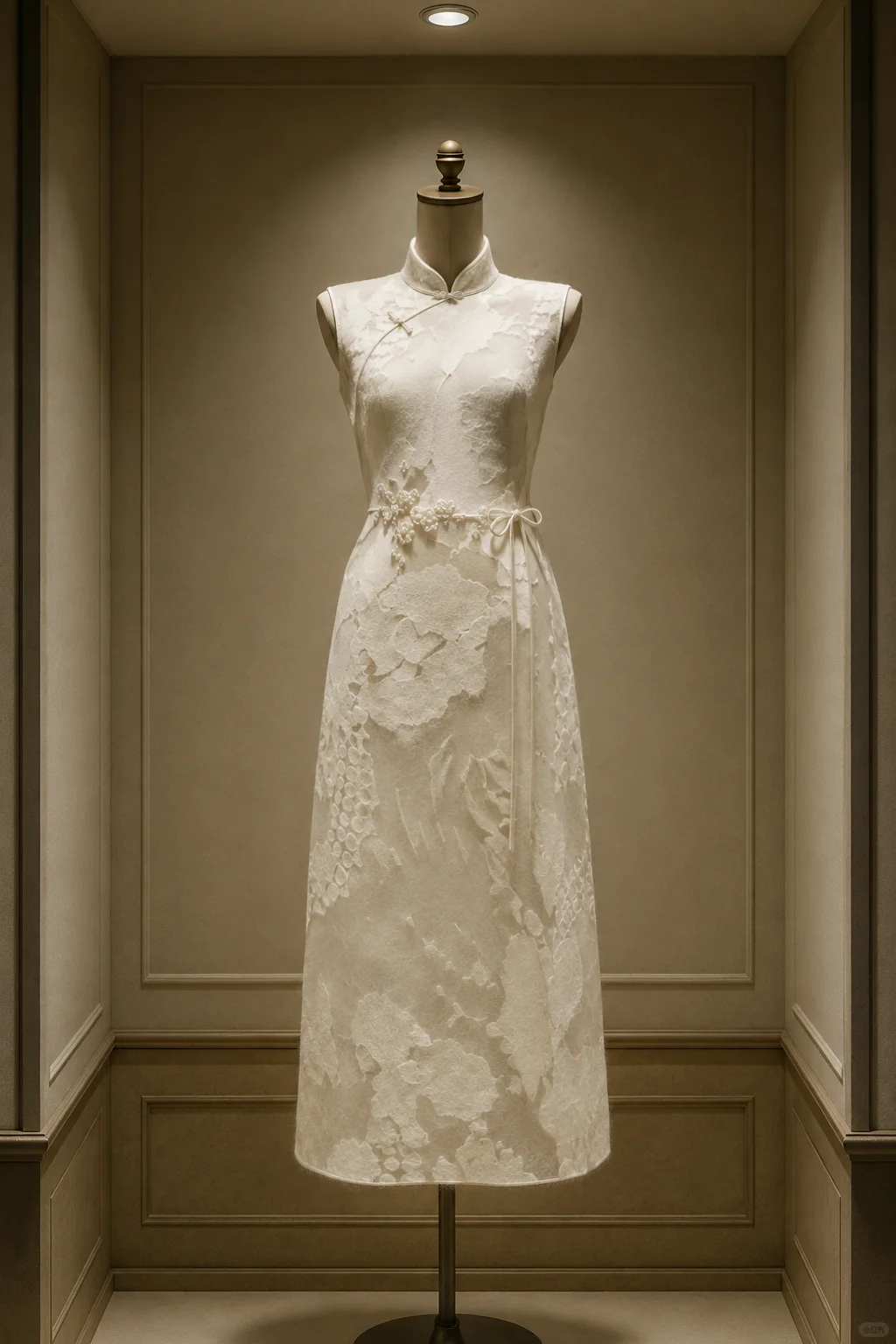 ✨Girlhomeshops-Cream White Jacquard Pearl Floral Bow Sleeveless Midi Qipao Cheongsam gh10413