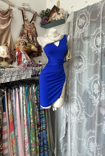 Sexy Short Royal Blue Vintage One Shoulder Fitted Waist Slim Bodycon Prom & Evening Party Dress gh8482