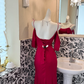 Burgundy Spaghetti Strap Off-the-Shoulder Waist-Cinched Fitted Elegant Romantic Dress, Wedding Gown gh7573