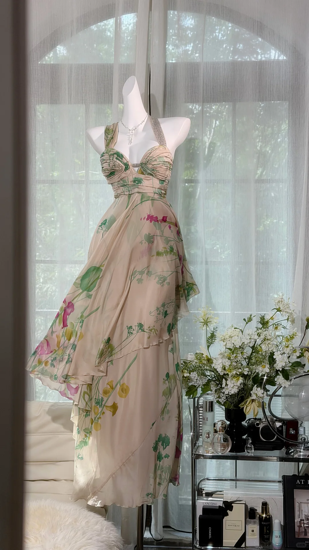 Nude Watercolor Floral Print One Shoulder Chiffon Long Evening Dress, Rhinestone Strap A-Line Prom Gown gh9508