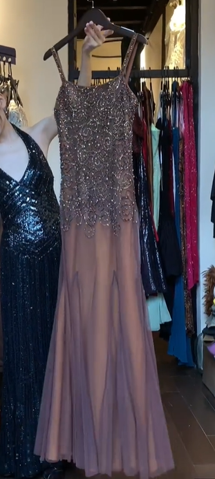 Dusty Mauve Spaghetti Strap Mermaid Prom Dress, Hand Beaded Rhinestone Scroll Lace Tulle Evening Gown gh9775