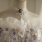 Off‑the‑Shoulder Ball Gown Wedding Dress, Puff Short Sleeve Corset Bodice 3D Purple Floral Applique Ruffled Satin‑Trim Tulle Skirt Bridal Gown gh9117
