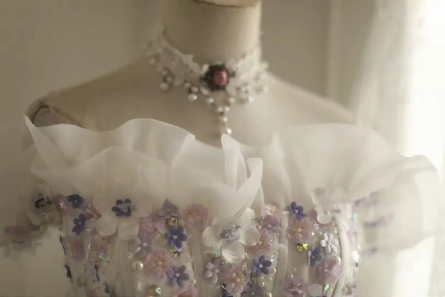 Off‑the‑Shoulder Ball Gown Wedding Dress, Puff Short Sleeve Corset Bodice 3D Purple Floral Applique Ruffled Satin‑Trim Tulle Skirt Bridal Gown gh9117