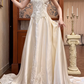 Cream‑Gold Vintage Satin Wedding Gown, V‑Neck Off‑The‑Shoulder Fold‑Over Cape Short Sleeves, Ornate Lace Appliqué Embroidery Bodice, Pointed Waist, A‑Line Long Train With Lace Hem, Prom Dress gh8640