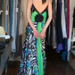 Spaghetti Straps V Neck Color Block Satin A Line Long Evening Prom Dress with Floral Swirl Print Skirt gh9766