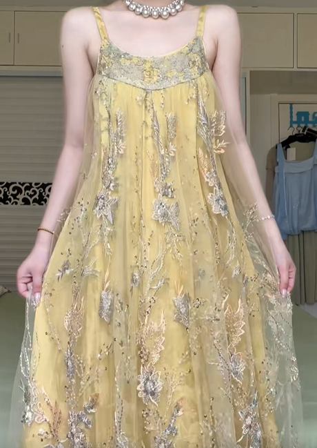 Golden Yellow Spaghetti Strap Evening Gown, Loose A‑Line Tulle Formal Dress With Silver‑Gold Floral Sequin Embroidery for Prom Banquet gh8950