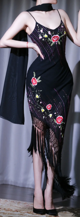 ✨Girlhomeshops-Black Floral Embroidery Beaded Fringe Midi Prom Gown Spaghetti Strap Asymmetric Cocktail Dress gh10105