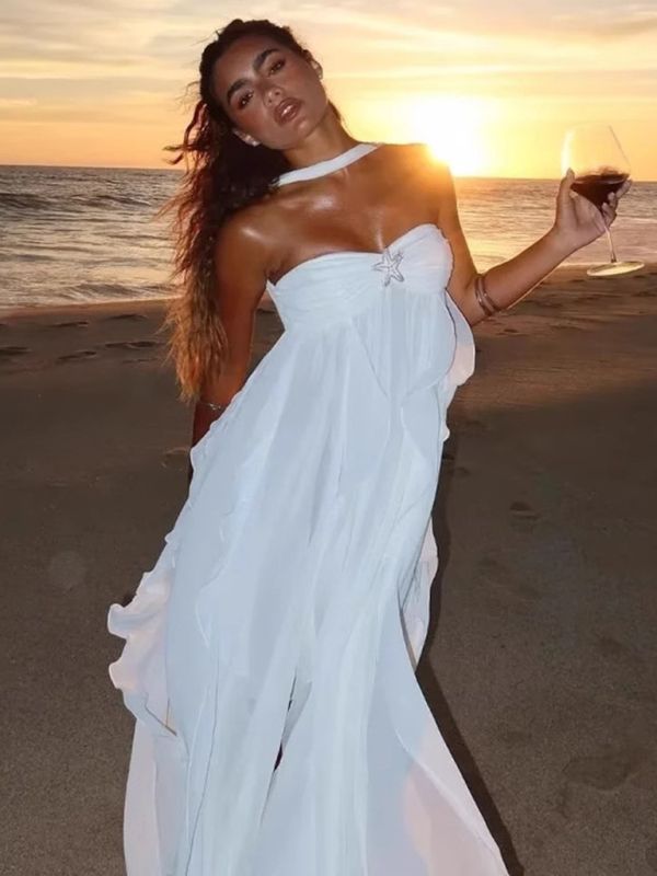 Weiß reine farbe jugendliche elegante süße lange chiffon rüschen unregelmäßigen rock meer strand urlaub party kleid abendkleid prom kleid gh3538