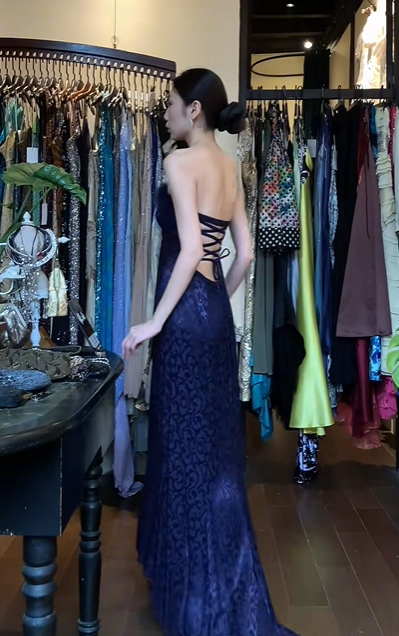 Dark Purple Strapless Long Formal Gown Feather Trim Jacquard A-Line Evening Dress gh9652