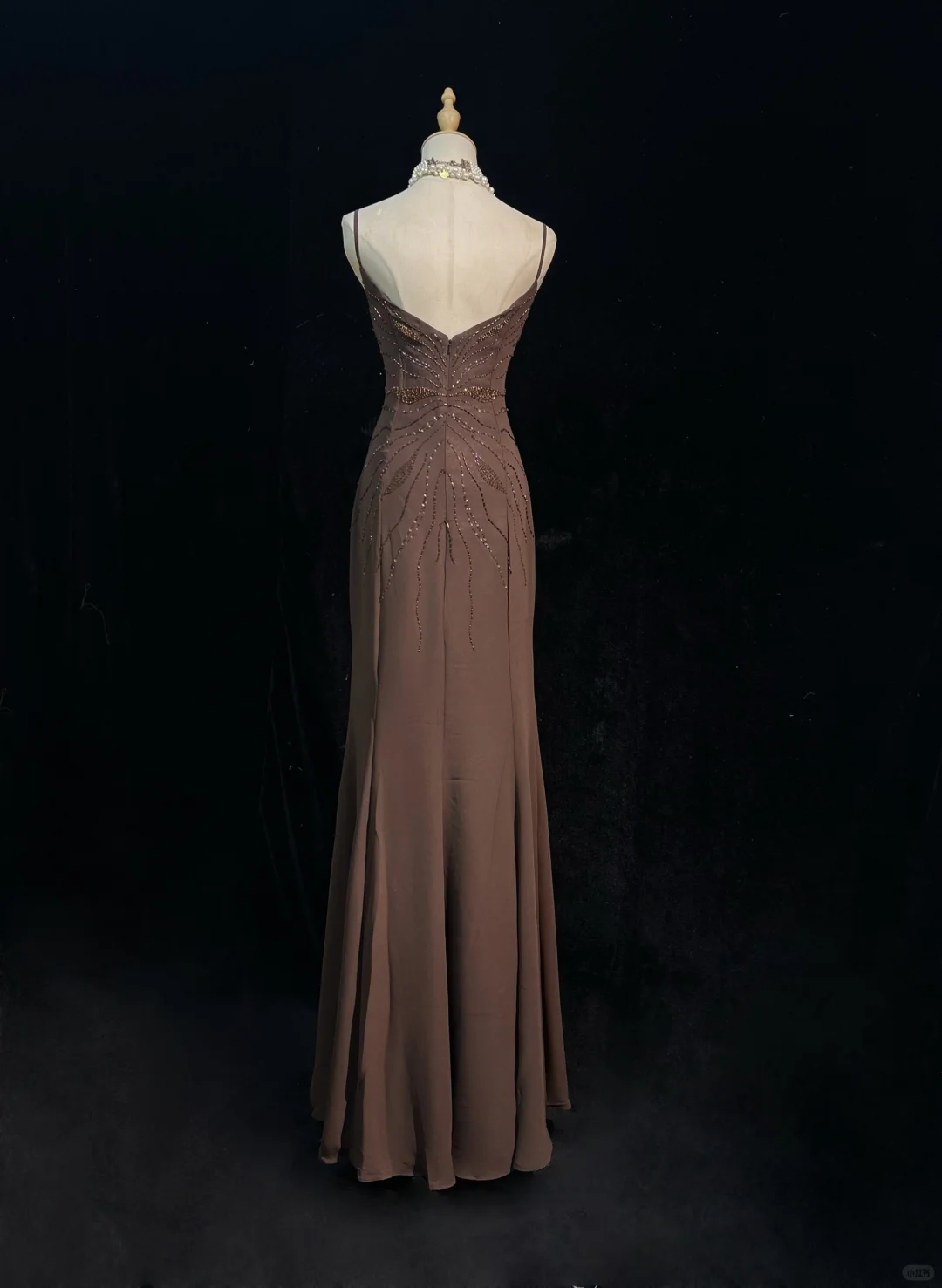 ✨Girlhomeshops-Coffee Spaghetti Strap Butterfly Beaded Chiffon Mermaid Evening Gown gh10279