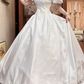 White Satin Vintage V‑Neck Puff Short Sleeve 3D Floral Lace Beaded Fitted Waist Full Flared Lace‑Hem Long Prom Gown, Wedding Dress gh8615