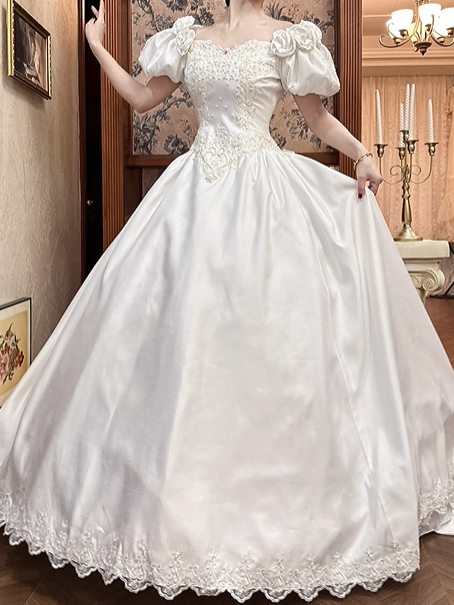 White Satin Vintage V‑Neck Puff Short Sleeve 3D Floral Lace Beaded Fitted Waist Full Flared Lace‑Hem Long Prom Gown, Wedding Dress gh8615