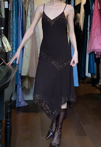 Dark Brown Vintage Gatsby Cocktail Dress Spaghetti Straps V Neck Hand Beaded Chiffon A Line Midi Evening Gown gh9617