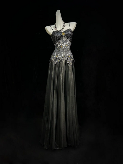 ✨Girlhomeshops-Black Spaghetti Strap Rhinestone Beaded Lace Tulle Evening Gown gh10157