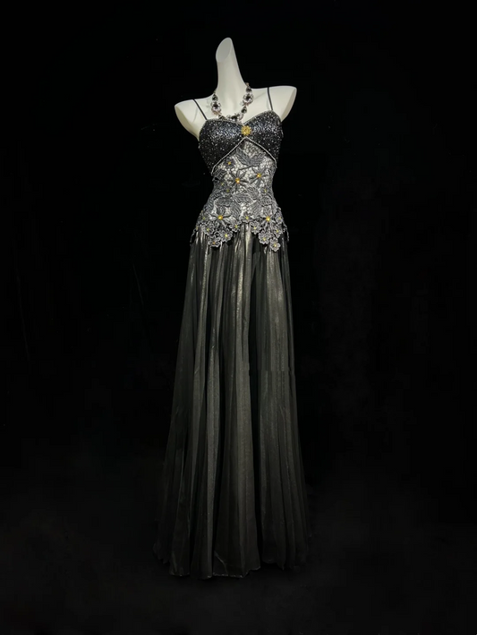 ✨Girlhomeshops-Black Spaghetti Strap Rhinestone Beaded Lace Tulle Evening Gown gh10157