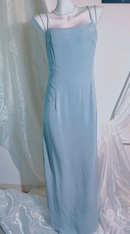 Vintage Elegant Light Blue Spaghetti Strap Long Prom & Evening Party Dress, Fitted Waist Slim Silhouette gh8547