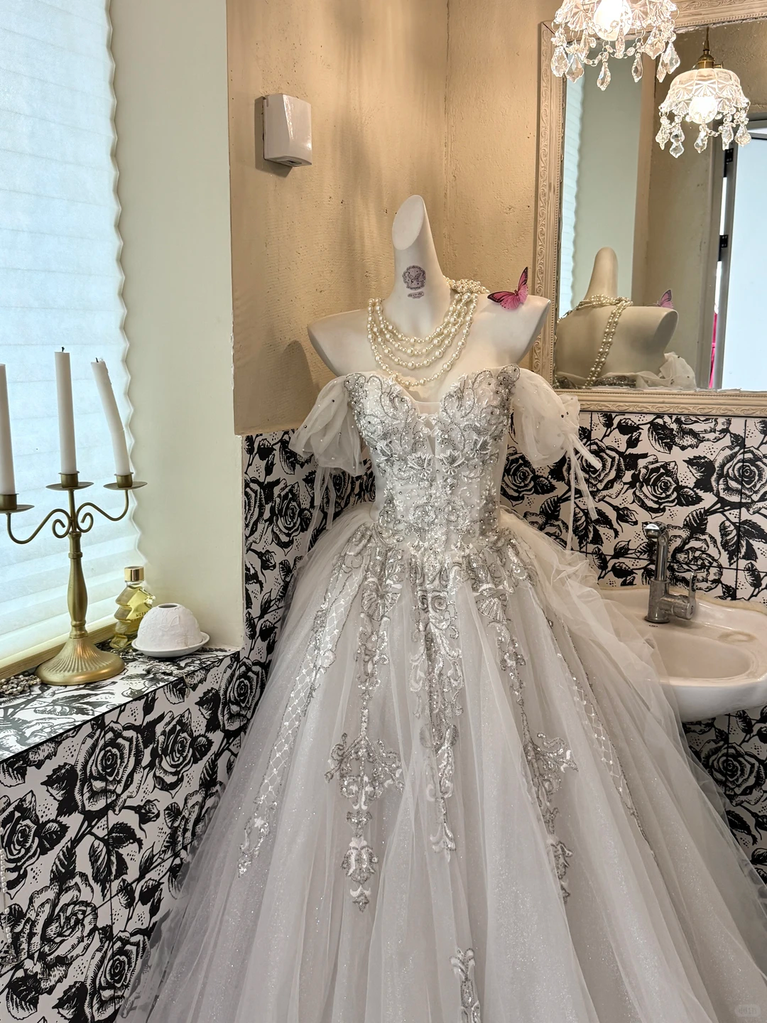 Ivory Off-the-Shoulder Gown with Silver Embellishments, Waist-Cinched Puffy Long Romantic Dress, Wedding Gown gh7539