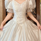 Off‑White Puff Sleeve Vintage Fitted Waist Full Flared Skirt Prom Gown, Wedding Dress gh8593